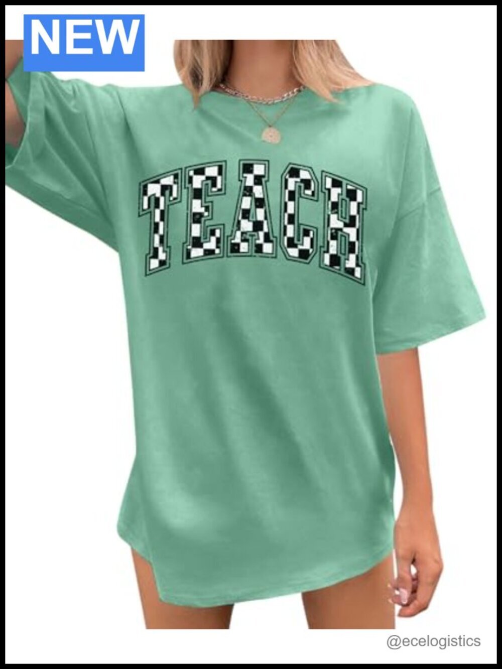 Oversized Teacher Shirt ABCD Teach Lettering T-Shirt for Women